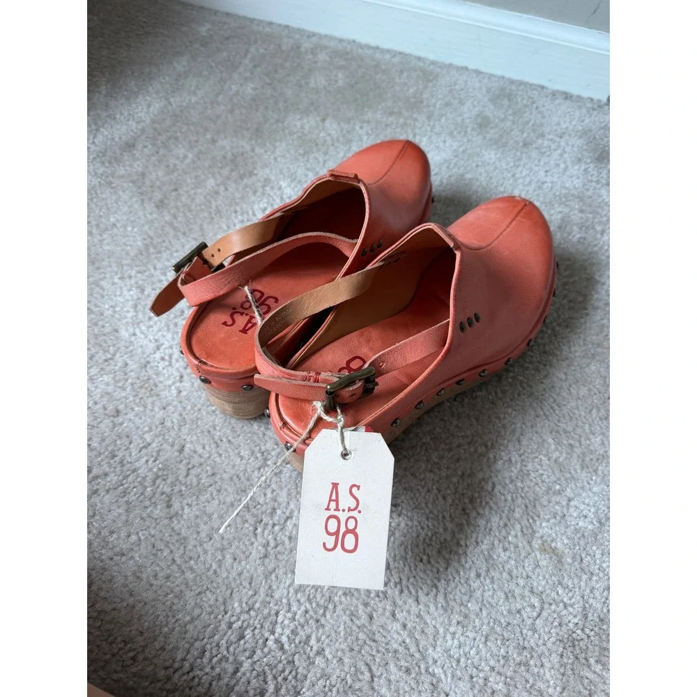 A.S.98 Sandals Wedge Puck Leather Slingback Orange 39 US 9
